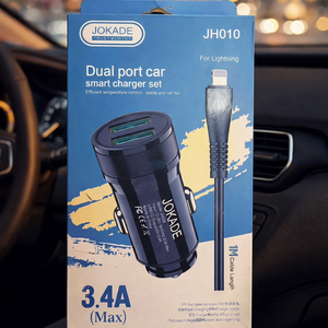 شاحن سيارة جوكادي مزدوج المنفذ 3.4A مع كيبل لايتنينج JOKADE Dual Port Car Charger 3.4A with Lightning Cable – Model JH010